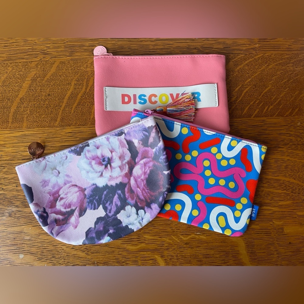 Ipsy Make Up Small Bags 3 Zippered Pouch Floral Pink & Colorful Shapes Makeup
